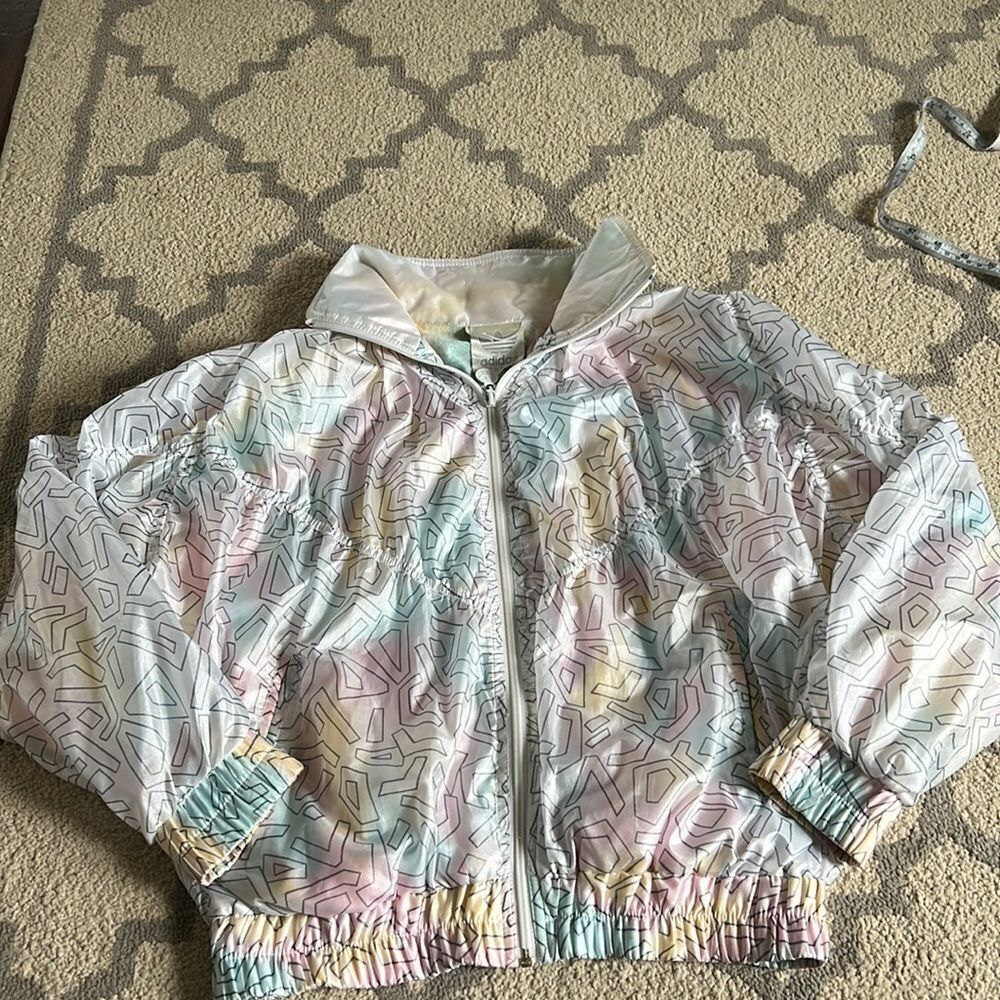 Vtg 80s adidas Satin Nylon Windbreaker Jacket, Pastel Geometric Print Size S GUC